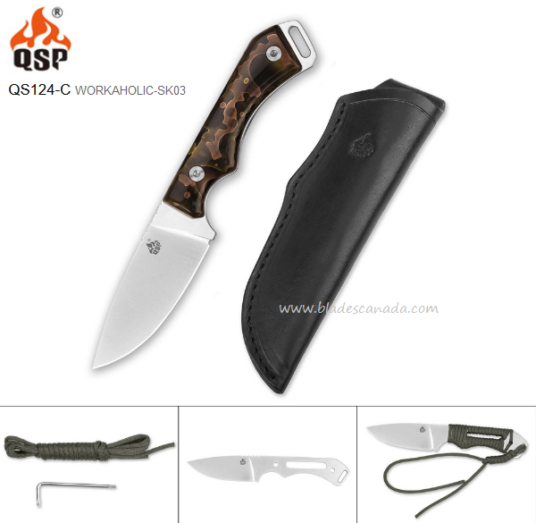 QSP Workaholic Fixed Blade Knife, N690, Raffir Noble Bronze Moon, Leather Sheath, QS124-C